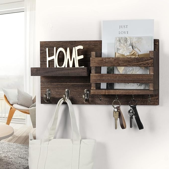 Mail Organizer for Wall Mount – Key Holder with Shelf Includes Letter Holder and Hooks for Coats, Dog Leashes – Rustic Wood with Flush Mounting Hardware (16.5” x 8.7” x 3.5”)