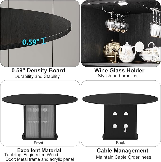 IBF Black Round Dining Table for 4-6, 47 Inch Kitchen Table with Fridge Space, Industrial Dining Room Tables with Storage Shelf, Wood Dinner Tables for Home Kitchen Living Room, Black Oak, Only Table