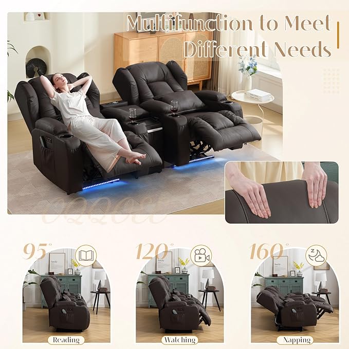 Wall Hugger Power Recliner Chair, Home Theater Seating Electric Recliing Sofa with Massage & Heat, Cup Holder, USB Port, LED Ambient Light, Storage for Living Room (Brown, 3 Chairs)
