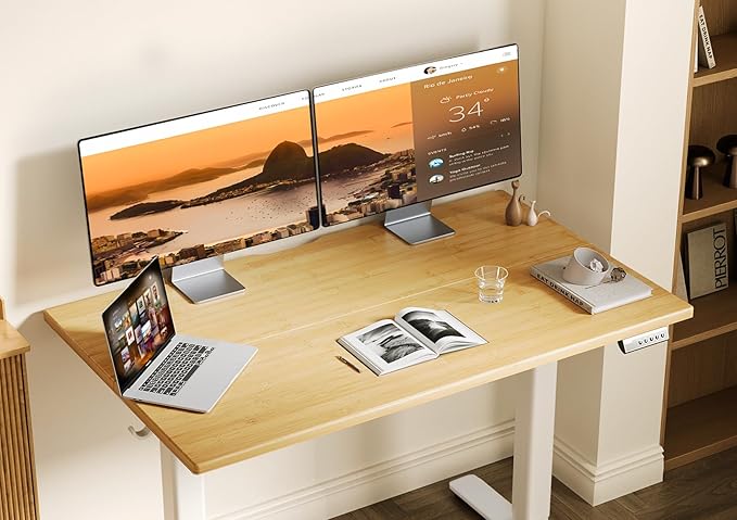 Claiks Bamboo Electric Standing Desk, Adjustable Height Stand up Desk, 40x24 Inches Sit Stand Home Office Desk with Splice Board, White Frame/BambooTop