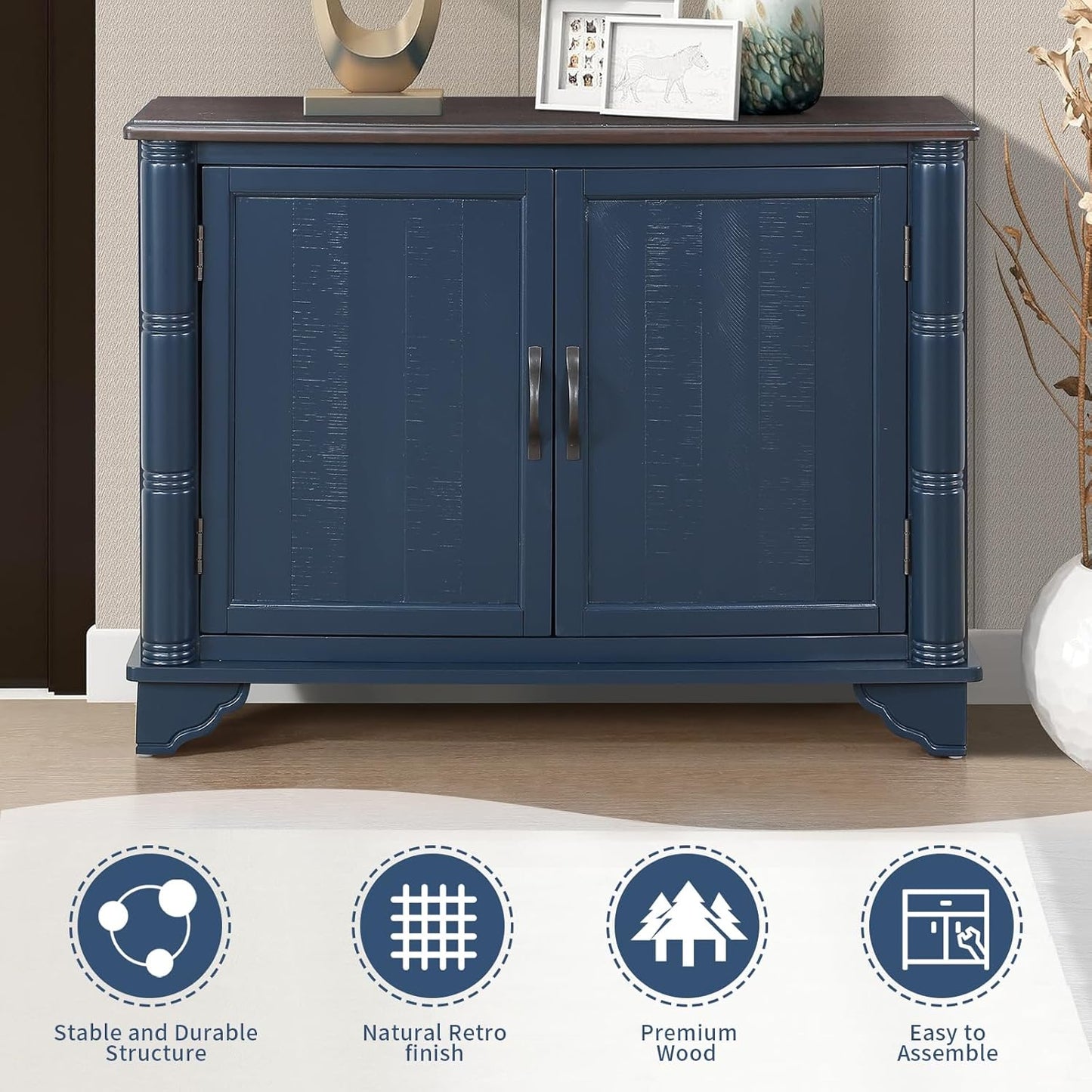 HMFULE 40" Sideboard Buffet Storage Cabinet, Retro Console Table with Solid Wood Feet Adjustable Shelf & 2 Doors for Kitchen Dining Room Living Room (Navy Blue)