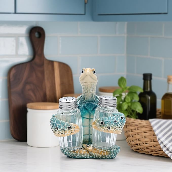 Hodao ocean animals indoor home decorations sea turtle decorative figurines kitchen organization and storage-Ocean Theme kitchen decor salt and pepper shakers holder set ocean animal gifts (Turtle)