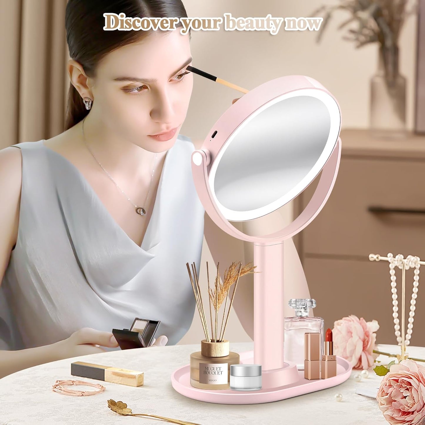 Makeup Mirror with Lights, Double Sided 1x/20x Magnifying Mirror with Light, Rechargeable 3 Color Lights and Adjustable Brightness, 360° Rotation Detachable Comes with Tweezer(Pink)