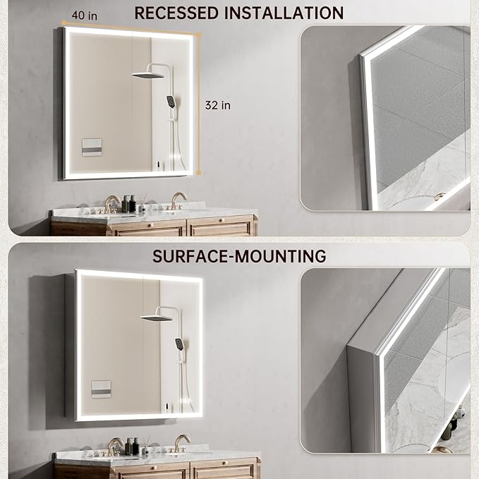 40"x32" Medicine Cabinet Mirror, LED Lighted Medicine Cabinet with Electrical Outlet＆USB, Anti-Fog, 3 Colors Temperature Stepless Dimmable, Aluminum Cabinet for Storage and Mordern Decor