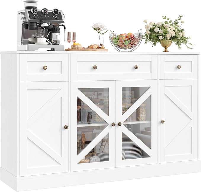 Keyluv Buffet Sideboard 55" Large Storage Cabinet 4 Doors and 3 Drawers, Farmhouse Wooden Coffee Bar Space-Saved Cupboard Furniture for Dining Room, Kitchen, Living Room, White