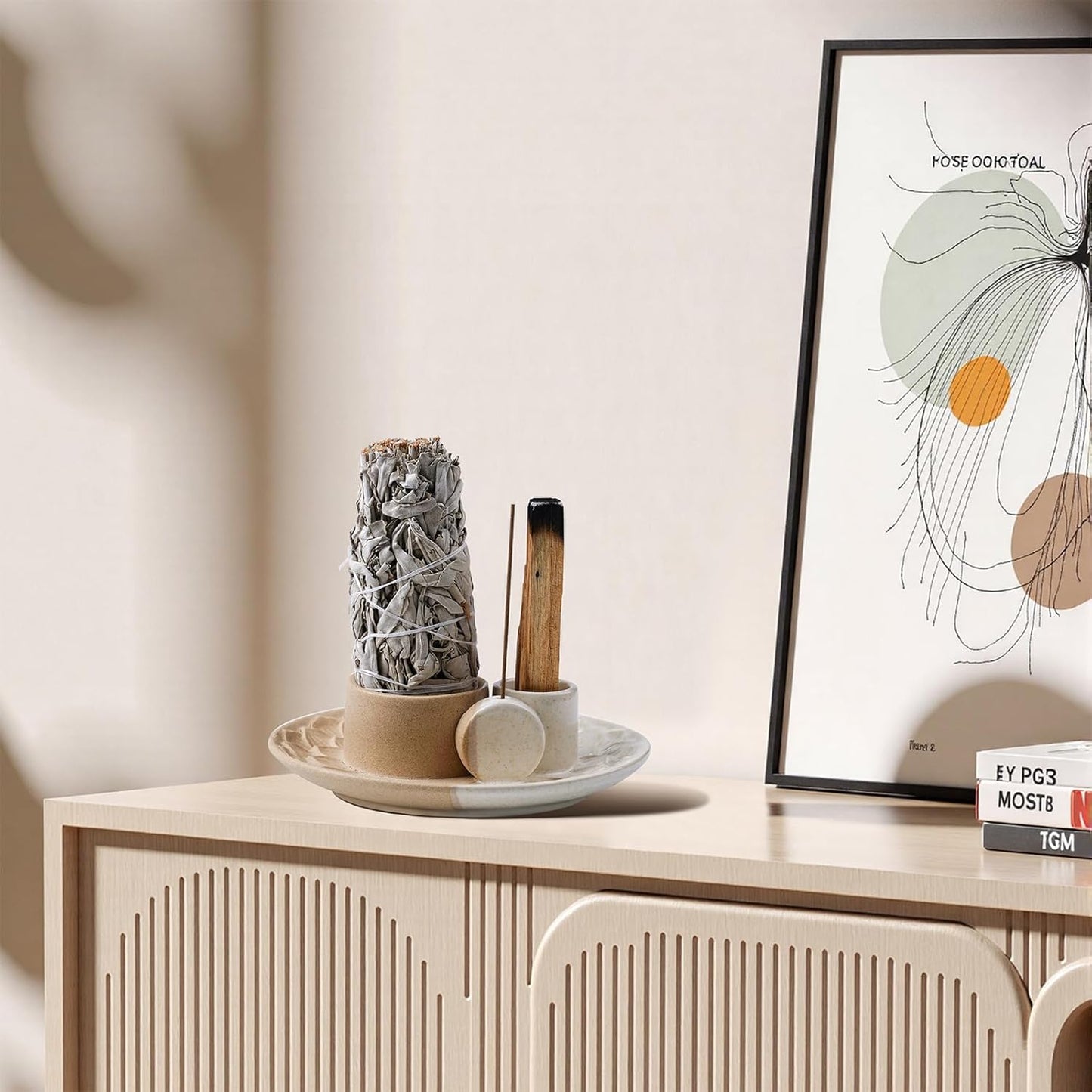 4 in 1 Incense Holder, Ceramic Incense Stick and Palo Santo Holder,Sage Holder for Burning- 5.5" Ceramic Ash Catcher Tray for Meditation and Yoga Room (Sand)