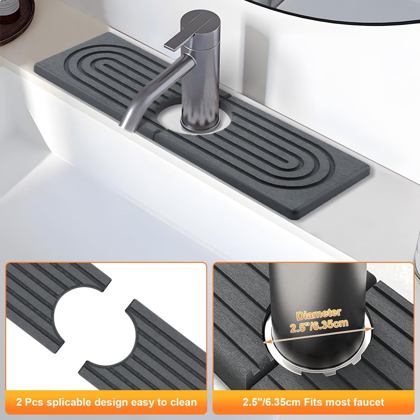 Kitchen Sink Faucet Mat, Super Absorbent Diatomaceous Earth Kitchen Sink Mat Prevents Water Pooling in Sinks, Sink Splash Guard for Kitchen Bathroom Keeps Countertops Dry (Dark Grey)