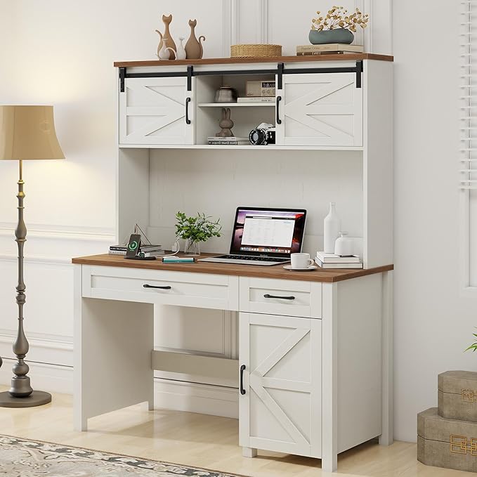 Farmhouse 47" Executive Desk, Computer Desk with Drawers and Storage Cabinet, Home Office Desks with Hutch and Charging Station, Workspace for Work & Study (Unique White).