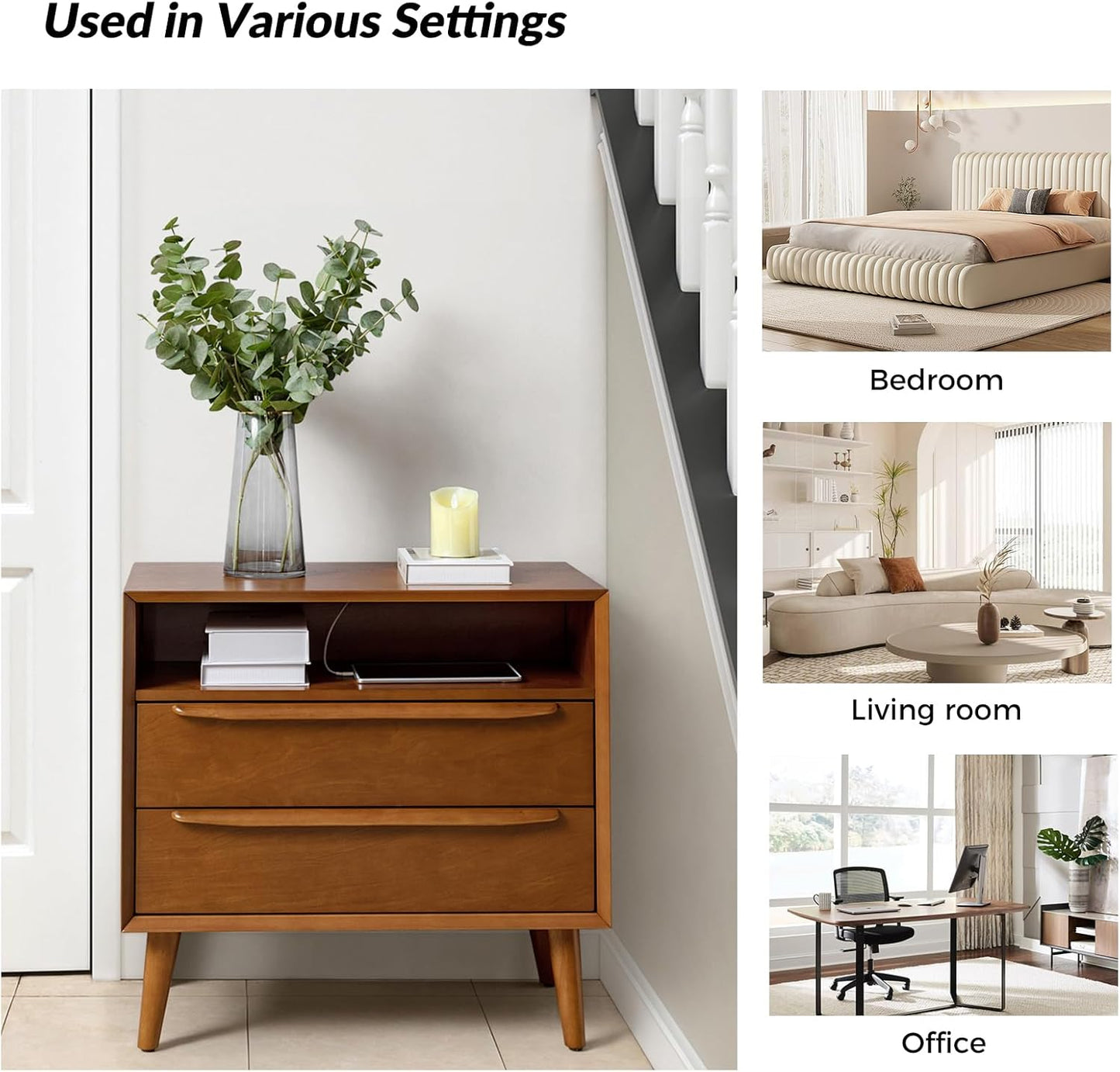 HULALA HOME Nightstand with Charging Station, Set of 2 Mid-Century Modern 2 Drawer and Open Shelf Dresser for Bedroom, Fluted Bedside Table, Walnut