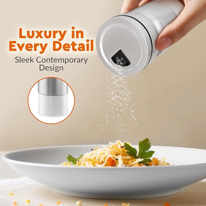 HOME EC Original Salt and Pepper Shakers Set with Adjustable Pour Holes - Glass and Stainless Steel Salt Shaker and Pepper Shaker - Farmhouse Spice dispenser for salts, ground peppercorn and spices