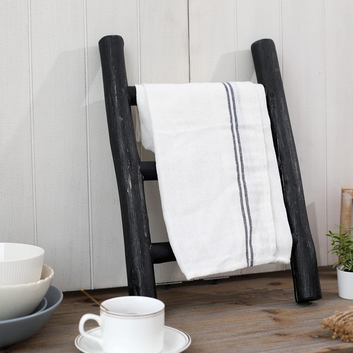 FUIN Fully Assembled Wooden Tea Towel Ladder, Mini Ladder Towel Rack Display Hanger, Small Rustic Farmhouse Tea Towel Stand Holder for Country Bathroom Decor, Black