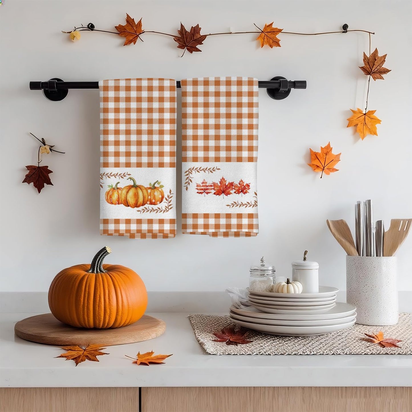 Fall Kitchen Towels Orange Pumpkin Maple Autumn Dish Towels Home Farmhouse Thanksgiving Kitchen Decor Set of 2, 18x26 Inch