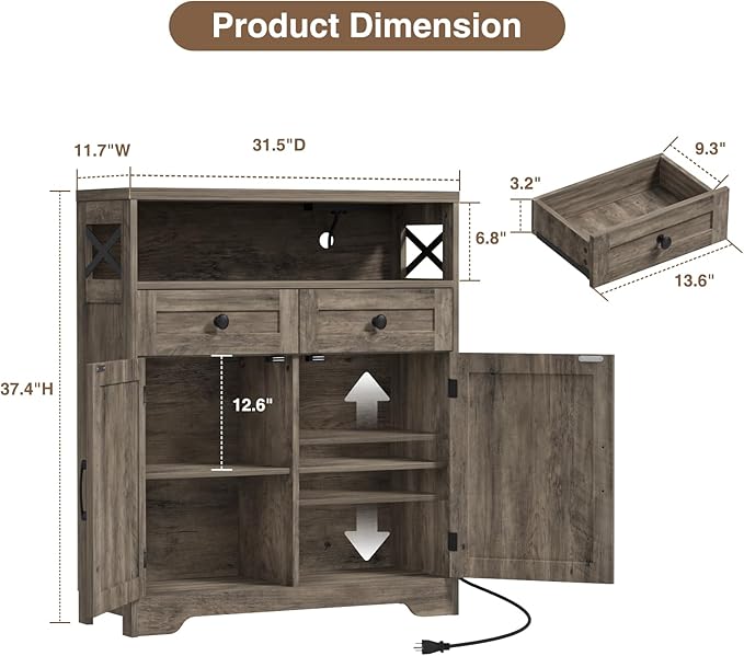 31.5" Rustic Grey Farmhouse Storage Cabinet with Barn Doors and Drawers, Sideboard Buffet Cabinet with Storage, Kitchen Pantry Hutch, Coffee Bar Station Table for Kitchen, Livingroom, Bathroom