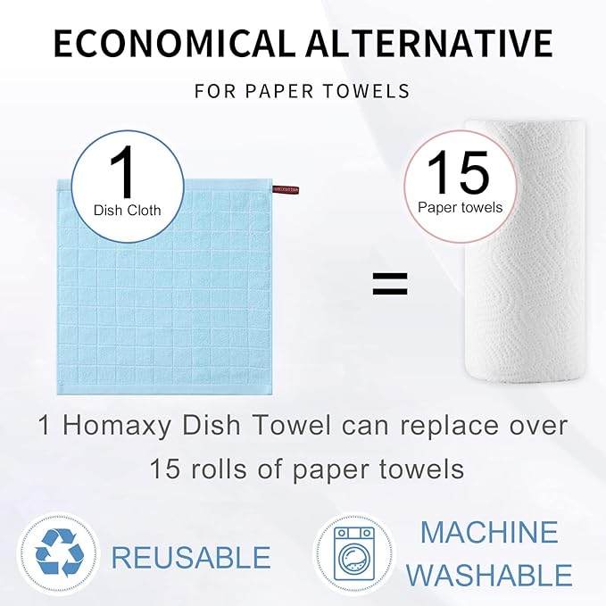 Homaxy 100% Cotton Terry Kitchen Dish Cloths, Ultra Soft and Absorbent Dish Towels for Kitchen, Suitable for Drying and Washing Dishes, 12 Pack, 12 x 12 Inches,Sky Blue