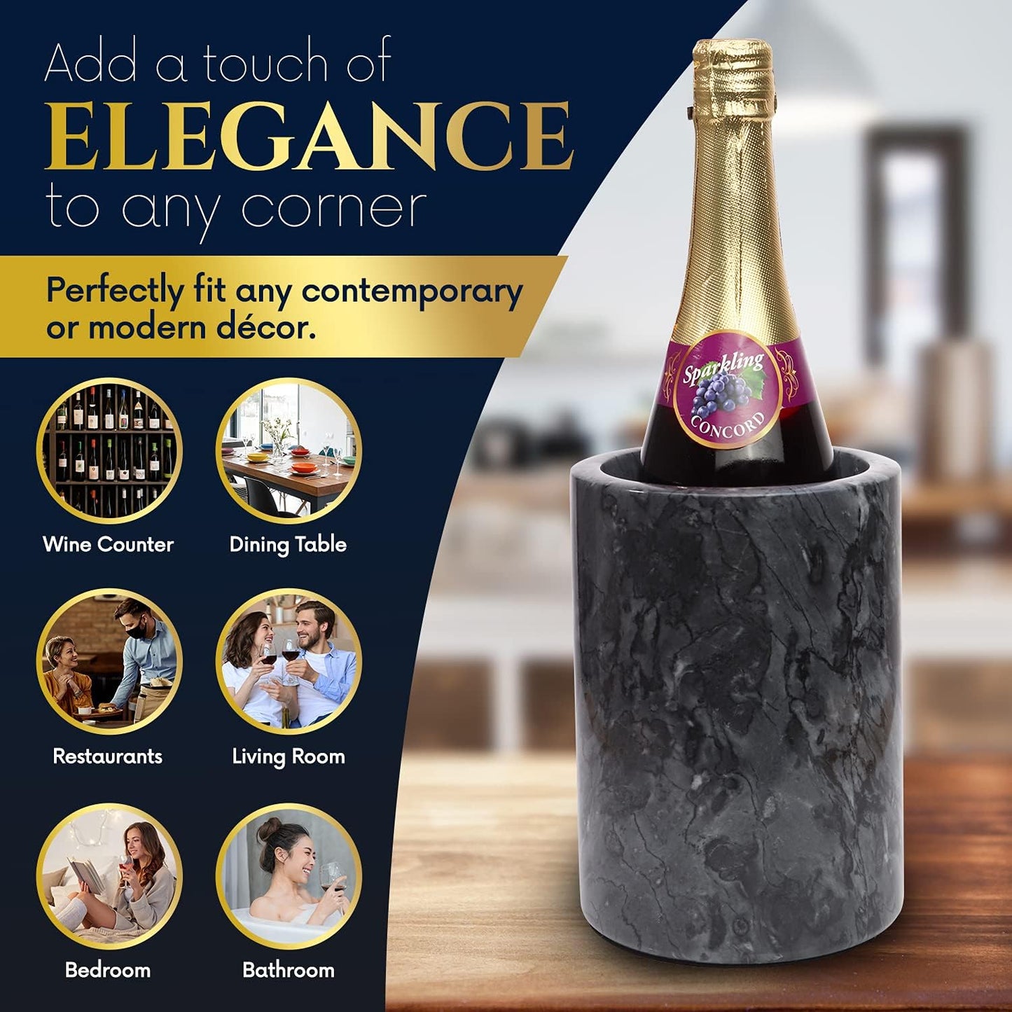 Homeries Marble Wine Chiller Bucket - Wine & Champagne Cooler for Parties, Dinner – Keep Wine & Beverages Cold, Wine Chillers for Bottles – Holds Any 750ml Bottle (Gray)