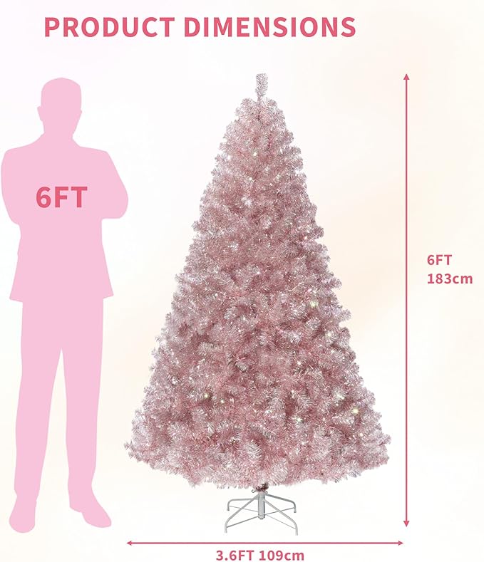 GarveeHome Rose Gold Tinsel Christmas Tree, 4.5ft Artificial Pencil Christmas Tree with Sturdy Metal Stand, Slim Skinny Xmas Holiday Decoration for Indoor, Home, Office, Party