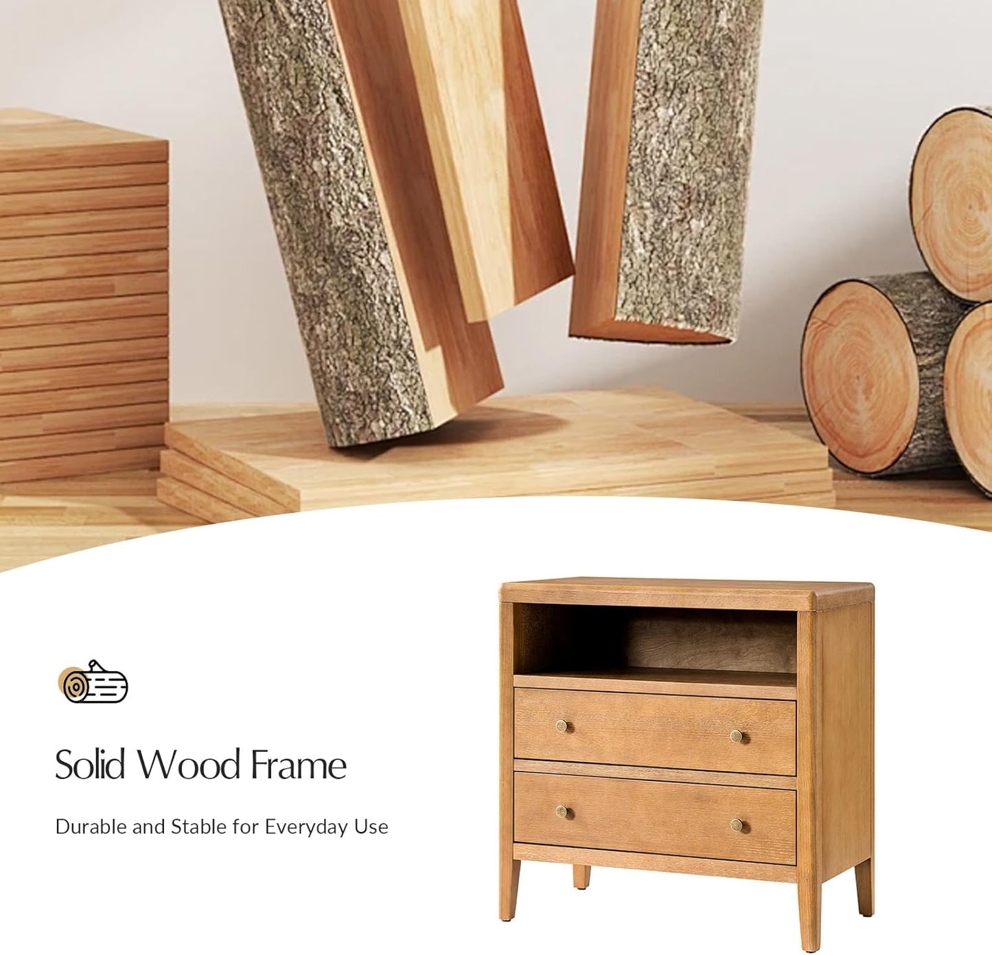 HULALA HOME Nightstands Set of 2 with Charging Station, Modern 2 Drawer Night Stands with Solid Wood Frame, Large Wood Bedside Tables with Open Storage Space, Oak