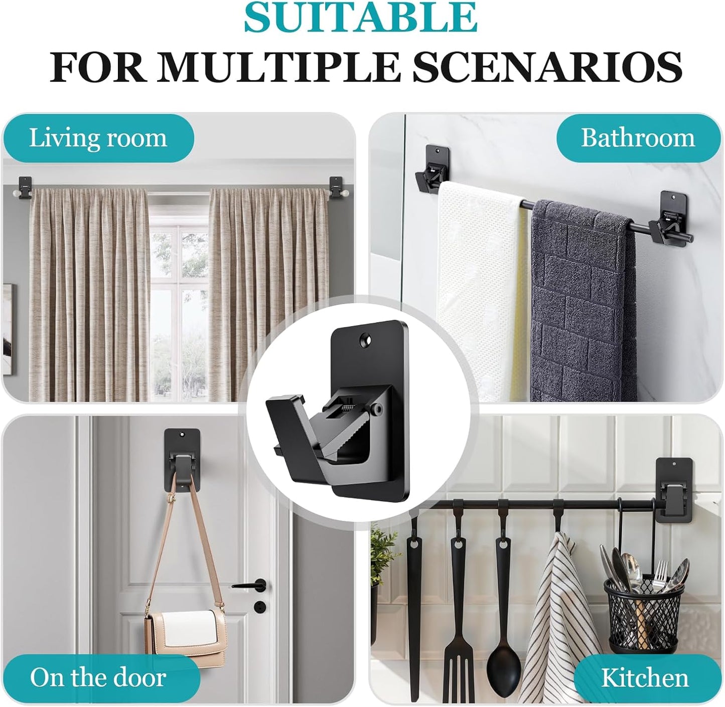 Adhesive No Drill Curtain Rod Brackets - Heavy Duty 30LB Holders for Bathroom Bedroom Kitchen, Universal Damage-Free Window Rod Hooks with Nail-Free Installation (4PC Black)