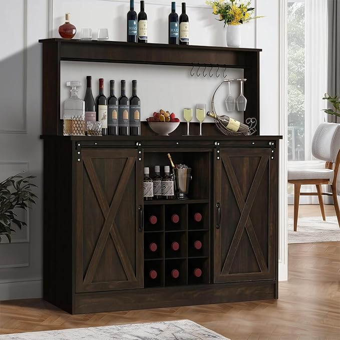 4ever2buy Farmhouse Coffee Bar Cabinet with 9 Wine Racks and 6 Hooks, 47 Inch Wine Cabinet with Storage, Kitchen Buffet Cabinet with Adjustable Shelves for Living Dining Room, Dark Oak