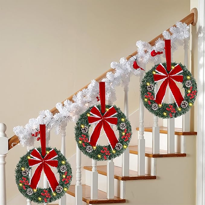 Hausse Set of 3 Christmas Wreaths, Lighted Artificial Christmas Wreath with LED Lights & Large Red Bow Ornaments, 8 Modes & Timer, Battery Operated for Front Door Gate Wall Xmas Party Decorations