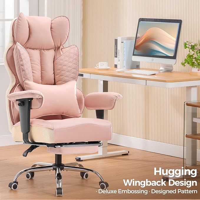 COMHOMA Big and Tall Office Chair 400LBS Wide Ergonomic Gaming Chair with Deluxe Embossing Designed Leather with Foot Rest,150°Reclining Adjustable Armrests Pocket Spring Back Support and Pillow