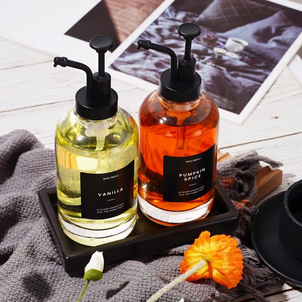 Molimoli Coffee Syrup Dispenser - Glass Bottle with Pump, Maple/Coffee Syrup, Labels and Tray