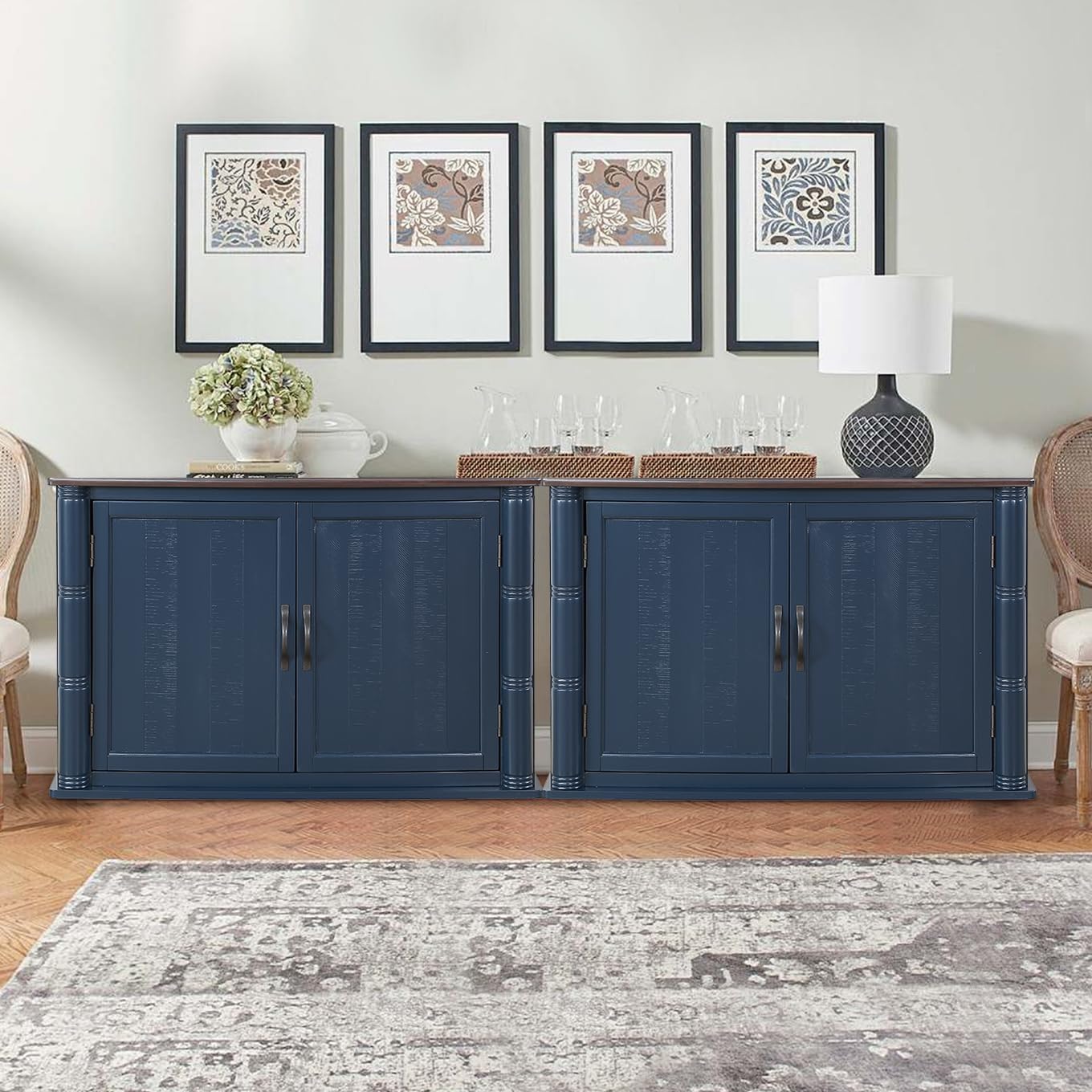 HMFULE 40" Sideboard Buffet Storage Cabinet, Retro Console Table with Solid Wood Feet Adjustable Shelf & 2 Doors for Kitchen Dining Room Living Room (Navy Blue)