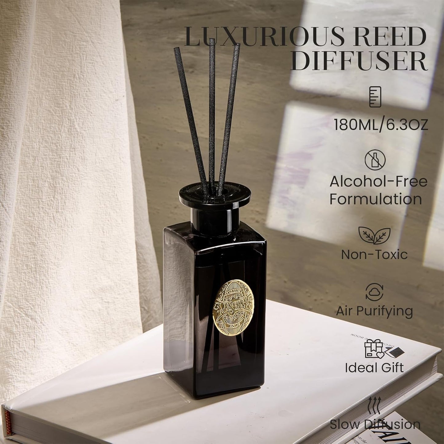 M&SENSE 6.3 oz Large Reed Diffuser Set | Sandalwood Vanilla Scent Oil Diffuser with Sticks | Hotel Collection Non-Toxic Essential Oil |for Bedroom Bathroom Living Room