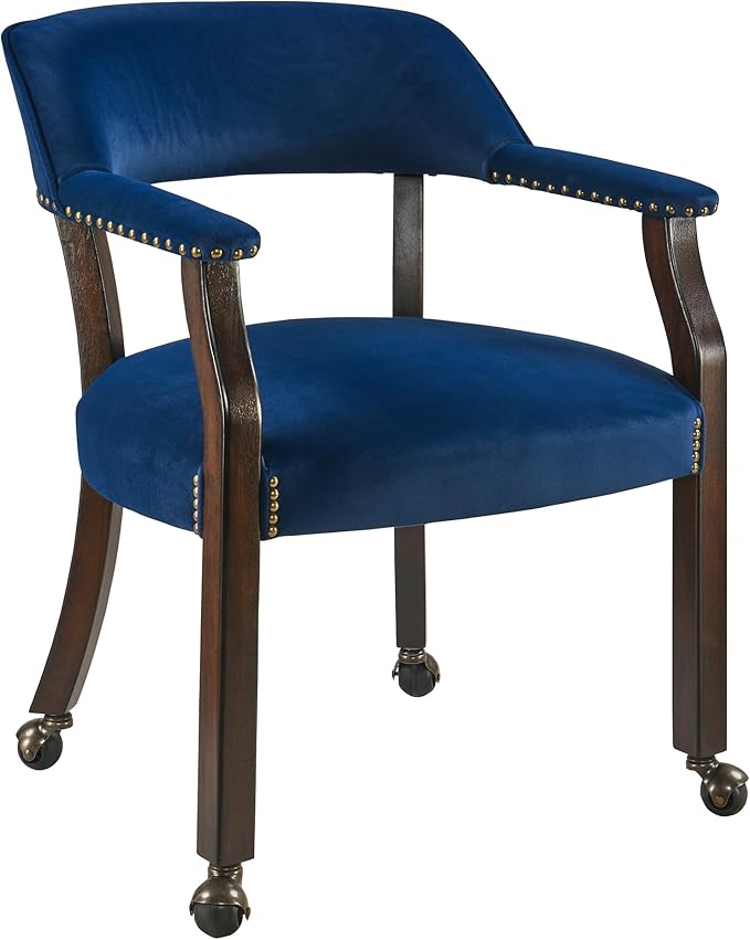 Dinning Chairs with Wheels and Arms Set of 6, Solid Wood Office Desk Chairs with Frosted Velvet Upholstered, Classic Swivel Accent Chairs, 31.5" H Boss Caption's Chair, Ocean Blue XXY-HT22-OB