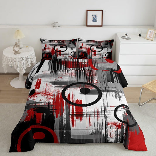 Kids Abstract Comforter Set Full Size Modern Art Bedding Set for Boys Girls Teens Bedroom Decor Geometric Comforter Women Men Geometry Red Black Duvet Set with 2 Pillow Case