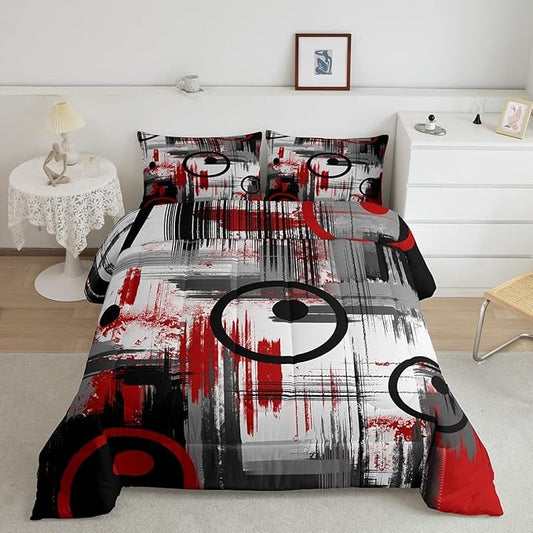 Kids Abstract Comforter Set Full Size Modern Art Bedding Set for Boys Girls Teens Bedroom Decor Geometric Comforter Women Men Geometry Red Black Duvet Set with 2 Pillow Case