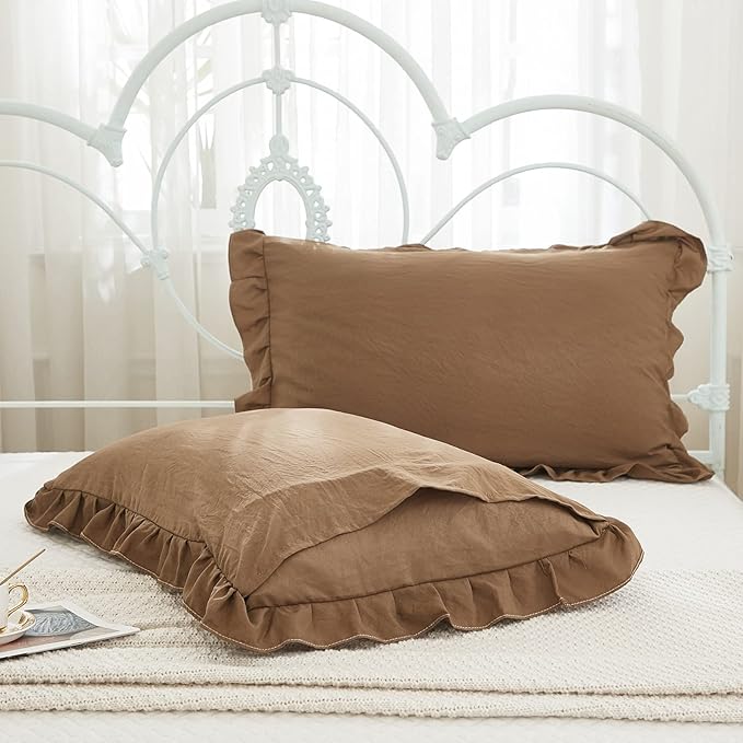 Merryword Brown Ruffle Standard Pillow Shams 20x26inch - Cute Coffee Pillowcases Set of 2 - Shabby Chic Soft Cover 2 Pack