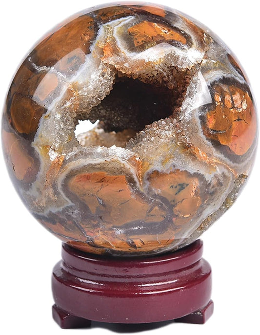 JIC Gem Yellow Agate Crystal Ball Sphere Geode Agate Ball Yellow Healing Crystal Gemstone Ball with Display Stand Home Decor Meditation Grid Energy Balance (70-80mm)