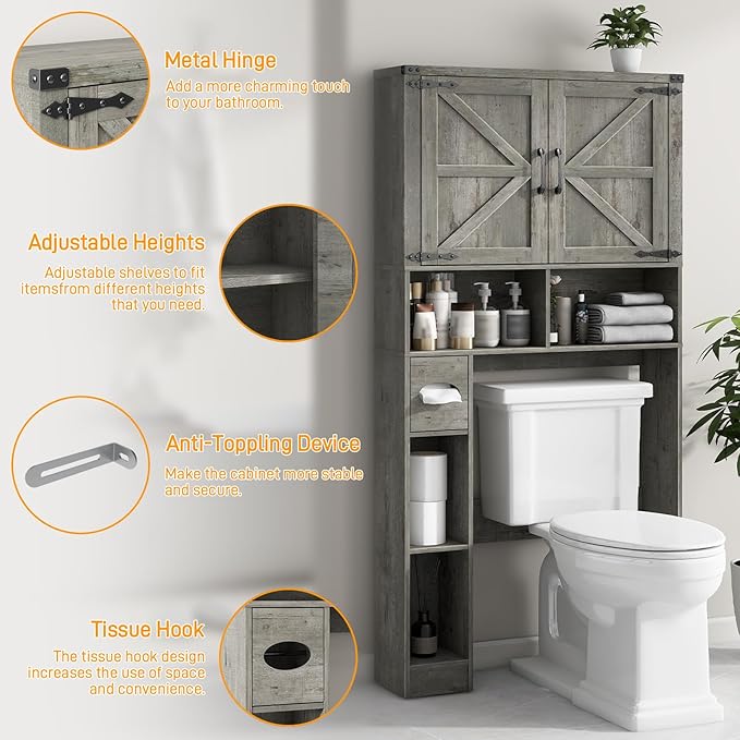 Over The Toilet Storage Cabinet, Farmhouse Storage Cabinet Over Toilet with Barn Doors & Toilet Paper Holder Stand，Home Space-Saving Toilet Rack, for Laundry, Bathroom, Restroom.Grey Oak