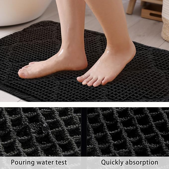 ZALL Black Waffle Bath Mat,Super Absorbent Non Slip Bathroom Rug,Brown 24x36inch, Geometric Diamond Machine Washable Ultra Soft Floor Mats