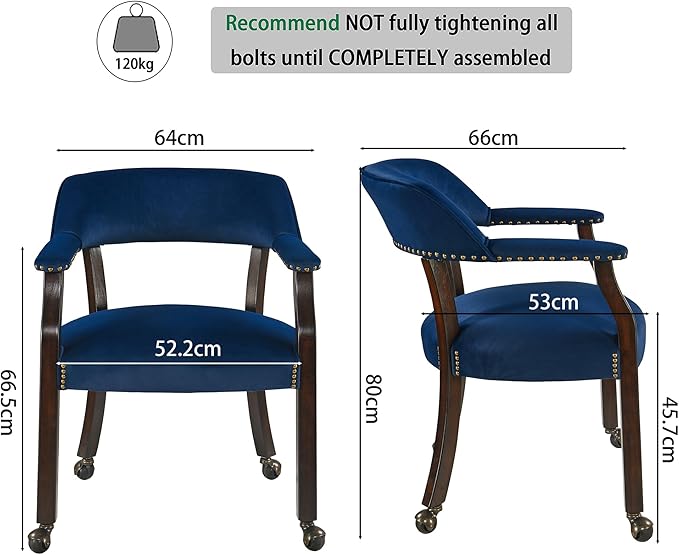 Dinning Chairs with Wheels and Arms Set of 6, Solid Wood Office Desk Chairs with Frosted Velvet Upholstered, Classic Swivel Accent Chairs, 31.5" H Boss Caption's Chair, Ocean Blue XXY-HT22-OB