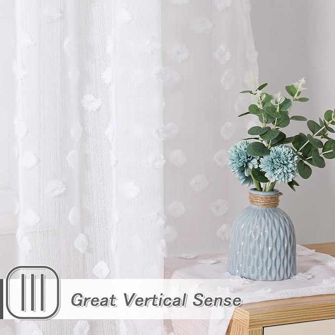 MYSKY HOME White Sheer Short Curtains with Pom Pom for Small Windows Bedroom Nursery Kids Girls Room Curtains Cafe Kitchen Light Filtering Boho Drapes, Rod Pocket,38 x 54 Inches, 2 Panels