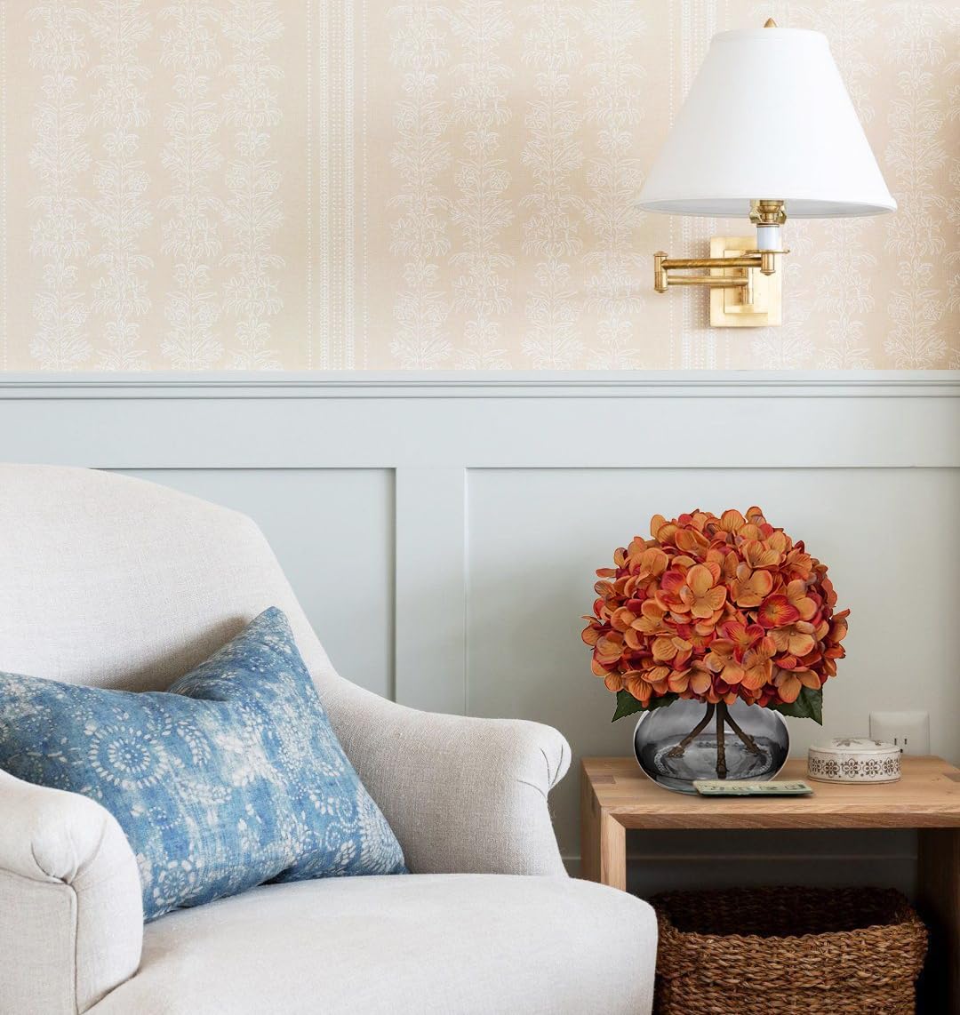 Hollyone Fall Hydrangea Artificial Flowers for Decoration with Vase Orange Silk Fake Flowers Arrangements in Glass Vase with Faux Water Faux Autumn Festival Table Centerpiece Home Decorations for Home