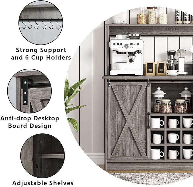 4ever2buy Farmhouse Coffee Bar Cabinet with Hutch and 6 Hooks, 47 Inch Wine Bar with Storage, Buffet Cabinet with Adjustable Shelves&9 Wine Racks, Kitchen Buffet Cabinet for Dining Living Room, Grey
