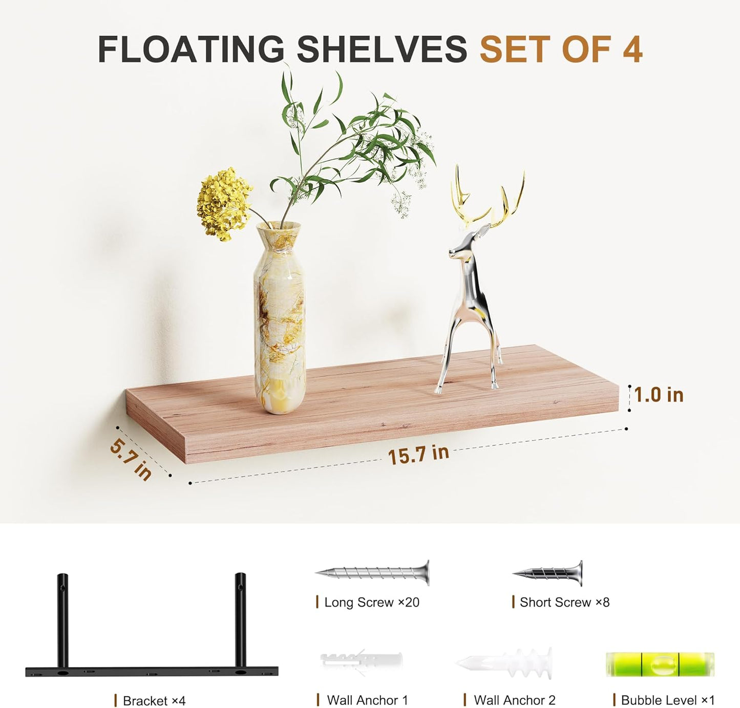 Bellsal Floating Shelves for Wall, Mahogany Wood Wall Shelf Set of 4, 16" Mounted Floating Shelf for Kitchen, Living Room, Bedroom, Bathroom Storage, Book Shelf for Home Decor, Frame Display