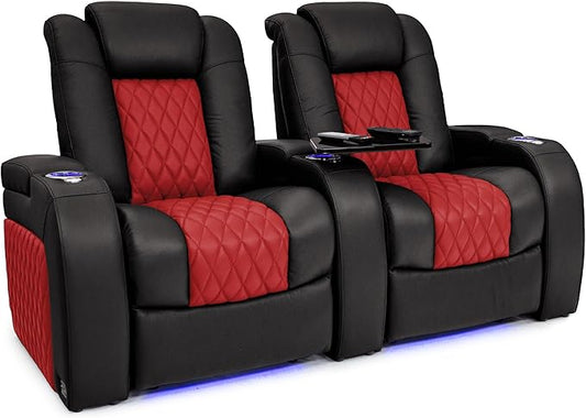 Seatcraft Diamante - Home Theater Seating - Living Room - Power Recline - Italian Leather - Powered Headrests - Cupholders - USB Charging - Ambient Lighting - Arm Storage, Black/Red, Row of 2