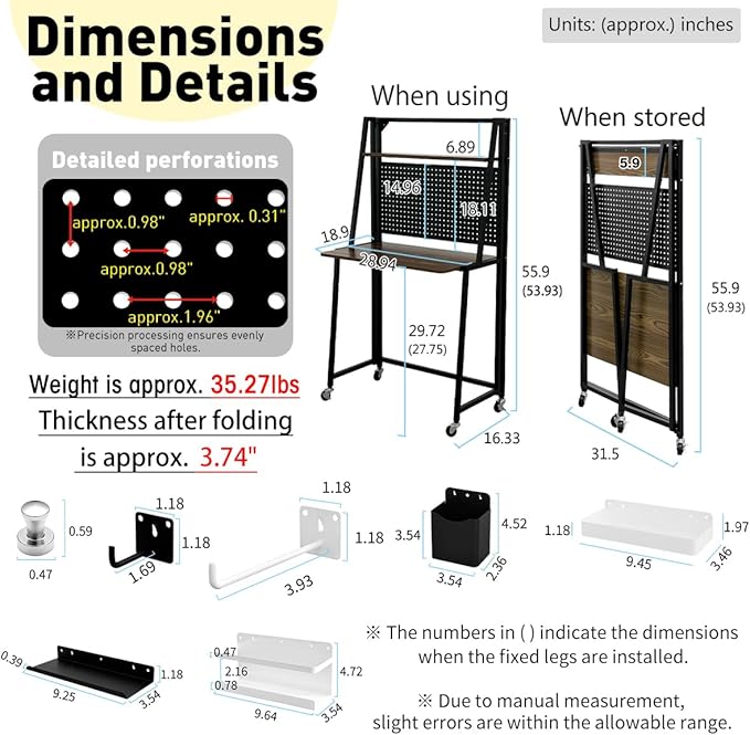 lumizone Folding Desk with Pegboard Collapsible Desk 29" Home Office Desk No Assembly Required Folding Table with Hooks Boxes and Storage Accessories for Organizing (Nature-White+Accessories Set)