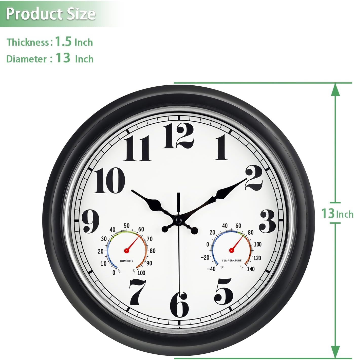 45MinST 13-Inch Vintage Outdoor Wall Clock with Thermometer and Hygrometer, Waterproof, Large Numbers, Silent, for Indoor and Outside Use,Porch,Garden,Pool(Black Frame with Silver Trim)