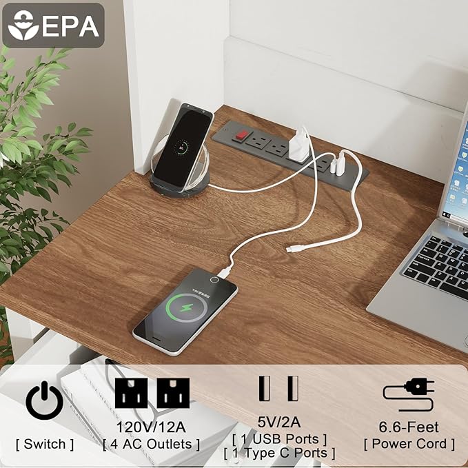 Farmhouse 67" H Executive Desk with Hutch,Office Table with 4 Drawers and LED Light, Computer Desk with Storage Cabinet & File Drawers and Charging Station, Wood Workstation for Home Office and Study