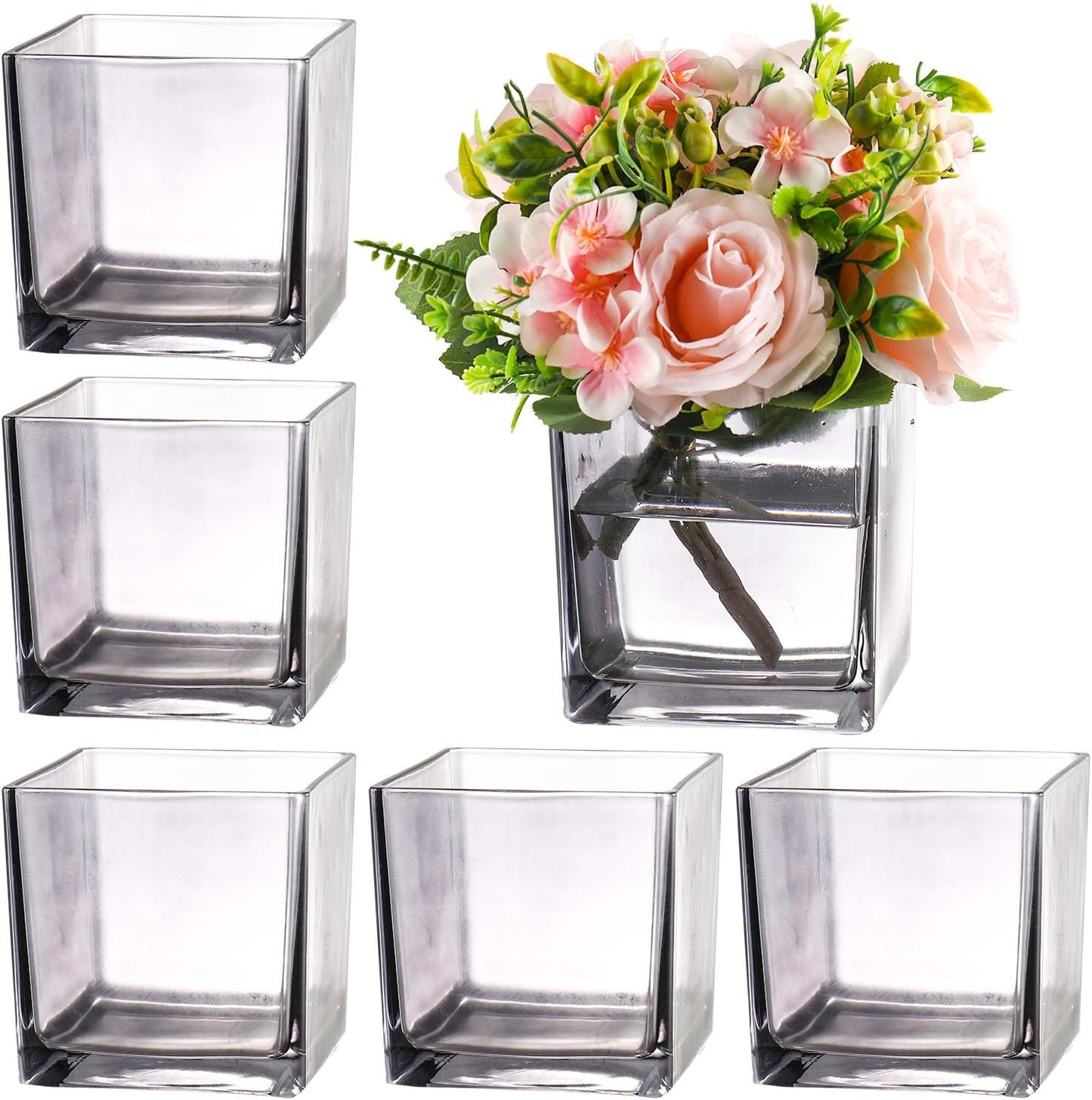 Square Grey Glass Vases Set of 6, 5" x 5" x 5" Flower Vases for Centerpieces, Square Vase for Centerpieces, Small Vase for Wedding, Party, Home Office Decoration