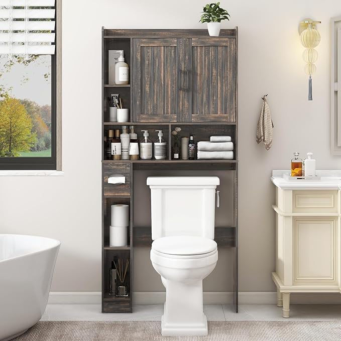 Over The Toilet Storage Cabinet, Farmhouse Storage Cabinet Over Toilet with Barn Door，Home Space-Saving Toilet Rack, for Bathroom, Restroom, Laundry