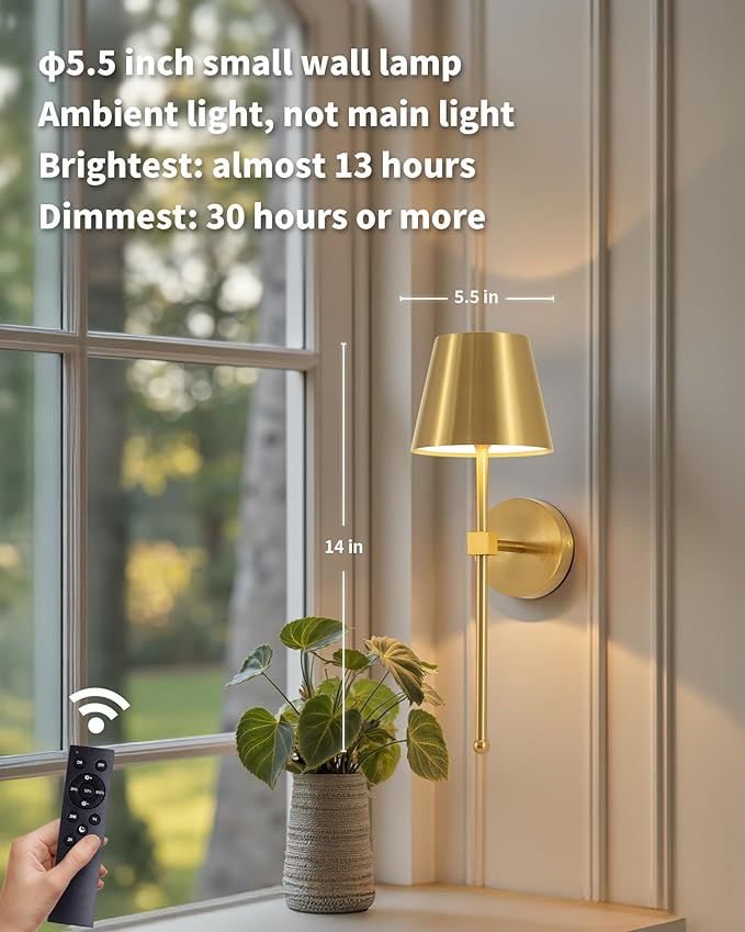 KDG Cordless Wall Sconces Set of 2, Wireless 5200mAh Rechargeable Battery LED Wall Lamps, Wall Lightings for Wall Painting, Outdoor, Garden, Living Room, Bedside, Hallway, Gifts, Night Light (Gold)