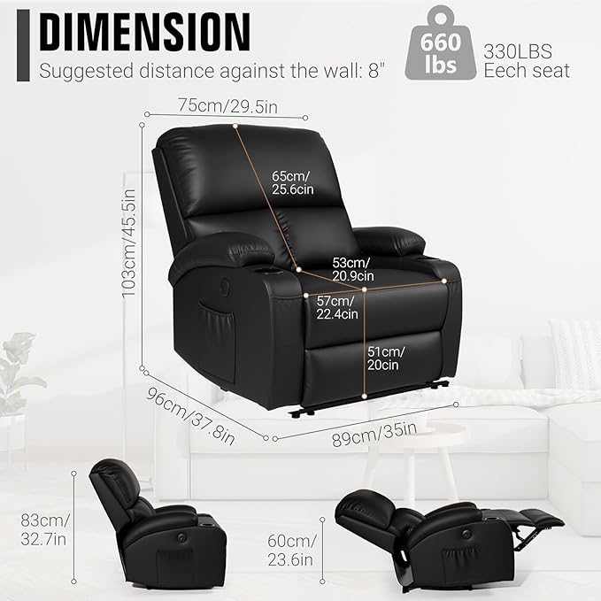 Home Theater Seating,RV Recliner Sofa with Massage and Heat,Manual RV Recliner Loveseat with USB/Cup Holders and Side Pocket for Living Room,Black