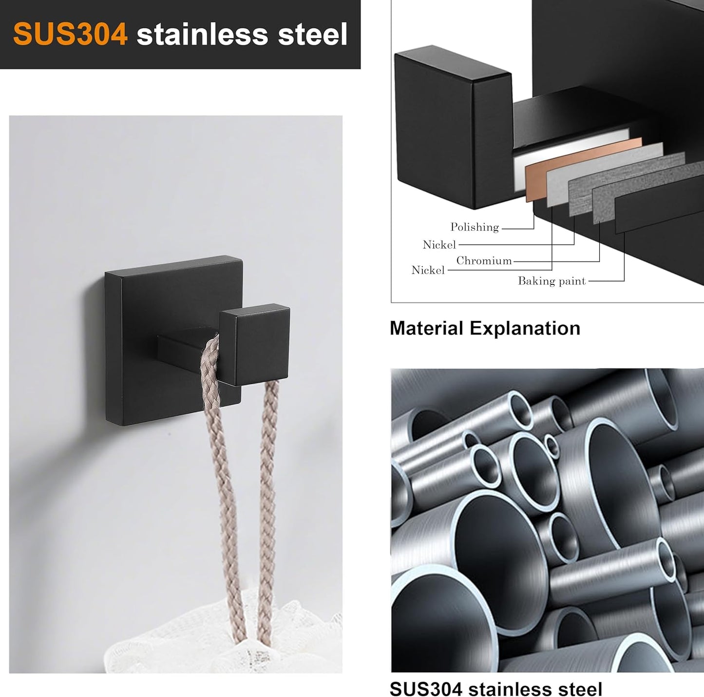 Nolimas 4 Pack Matte Black Towel Hook Stainless Steel Bathroom Rustproof Clothes Towel Coat Hook Wall Mounted Square Toilet Kitchen Heavy Duty Door Hanger