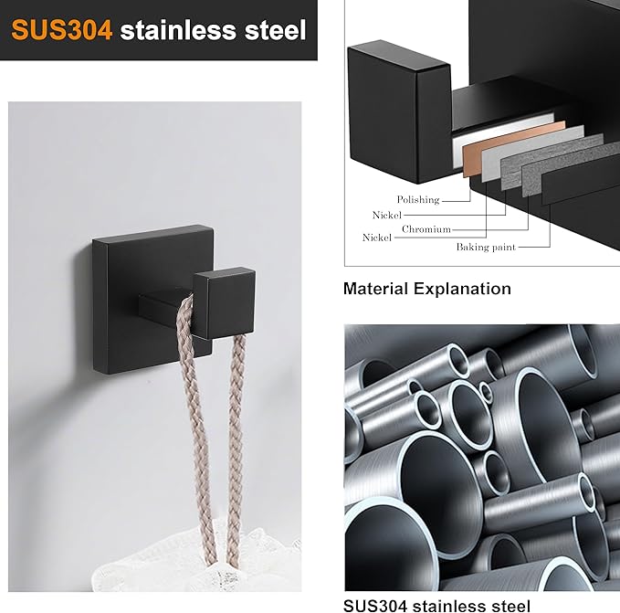 Nolimas 4 Pack Matte Black Towel Hook Stainless Steel Bathroom Rustproof Clothes Towel Coat Hook Wall Mounted Square Toilet Kitchen Heavy Duty Door Hanger